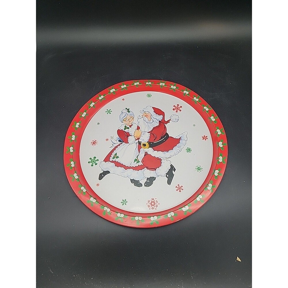 Vintage GIFTCO INC 1981 Metal Round Christmas Serving Tray Santa & Mrs Claus